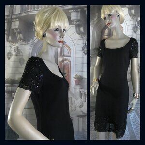 St. John Evening Fabulous Cocktail Dress Blue Sz 6 Lace Sleeves & Hem Rhinestone